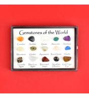 Kolekcja 15 szt. kamieni w gablotce - kamienie szlachetne z całego świata