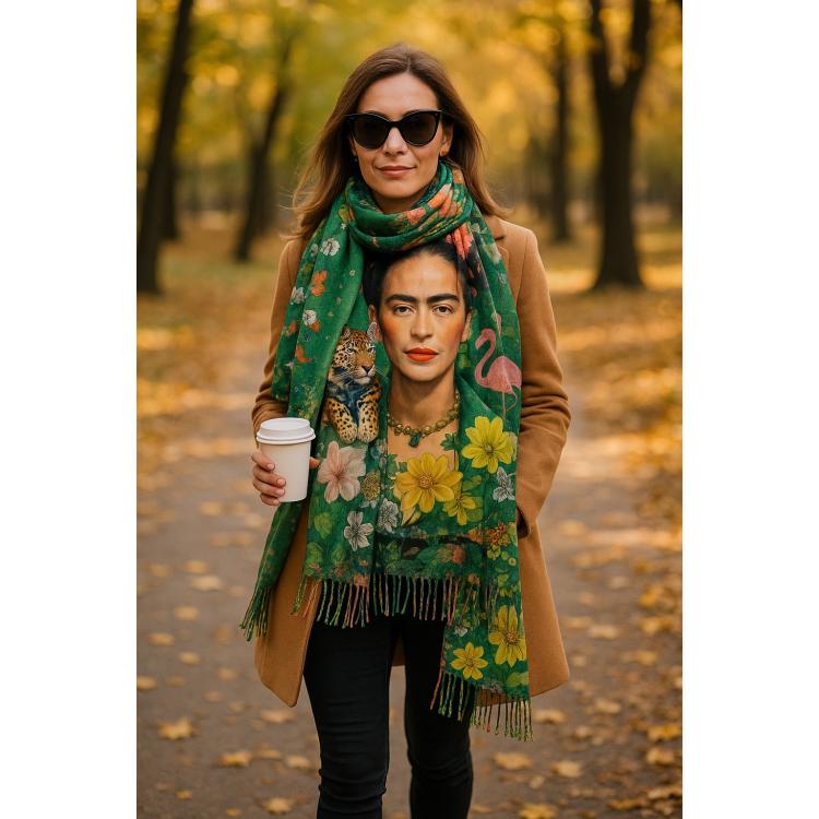 Jesienna stylizacja z szalem „Frida” 180×70 na karmelowym płaszczu