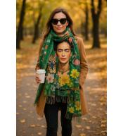 Jesienna stylizacja z szalem „Frida” 180×70 na karmelowym płaszczu