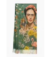 Szal „Frida” 180×70 – artystyczny zielony print, frędzle