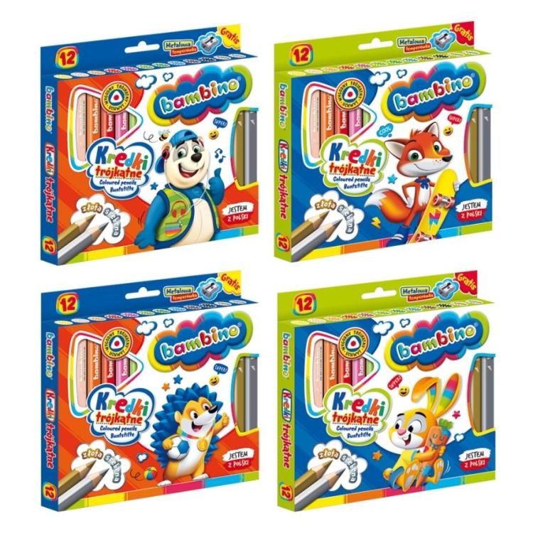 Kredki trójkątne drewniane 12 kolorów BAMBINO