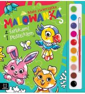 Malowanka z farbkami i pędzelkiem. Małe zwierzątka