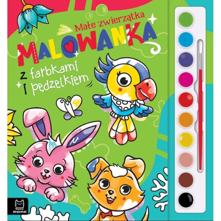 Malowanka z farbkami i pędzelkiem. Małe zwierzątka