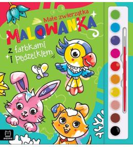Malowanka z farbkami i pędzelkiem. Małe zwierzątka