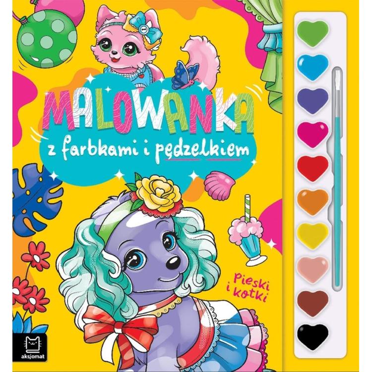 Malowanka z farbkami i pędzelkiem. Pieski i kotki