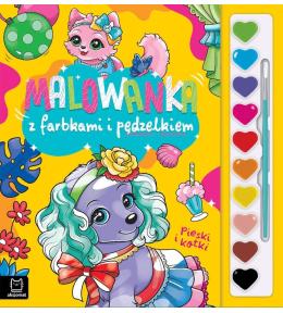 Malowanka z farbkami i pędzelkiem. Pieski i kotki