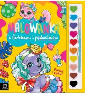 Malowanka z farbkami i pędzelkiem. Pieski i kotki