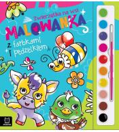 Malowanka z farbkami i pędzelkiem. Zwierzątka