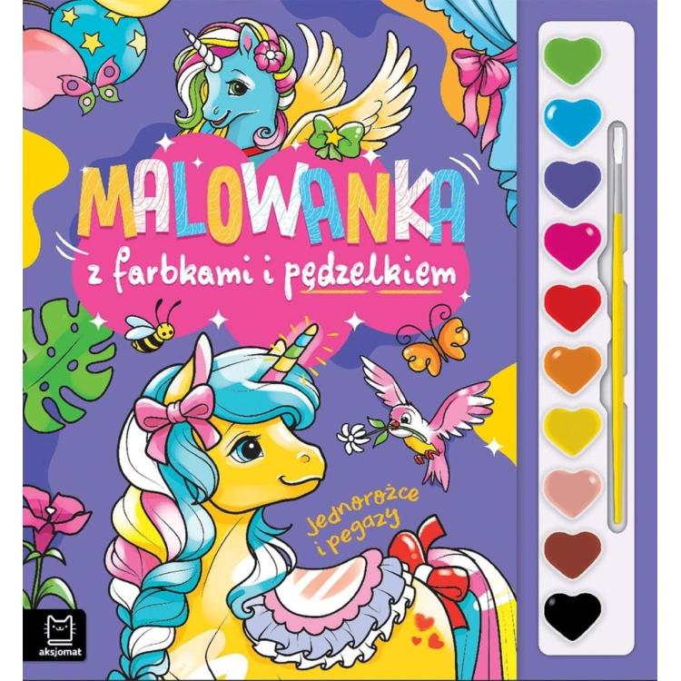 Malowanka z farbkami i pędzelkiem. Jednorożce