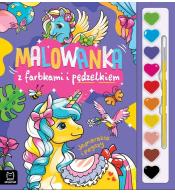 Malowanka z farbkami i pędzelkiem. Jednorożce