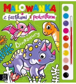 Malowanka z farbkami i pędzelkiem. Dinozaury