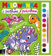 Malowanka z farbkami i pędzelkiem. Dinozaury