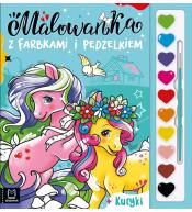 Malowanka z farbkami i pędzelkiem. Kucyki