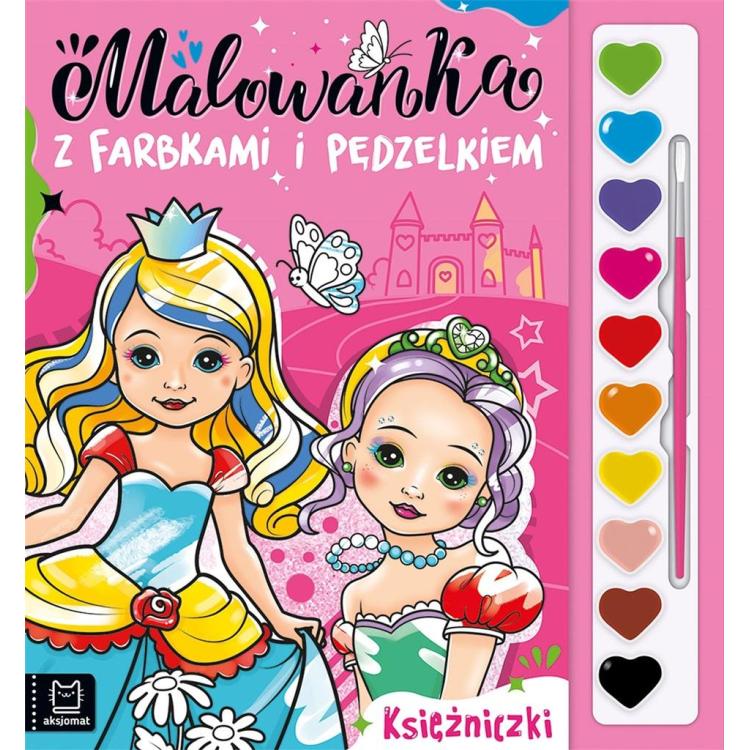Malowanka z farbkami i pędzelkiem. Księżniczki