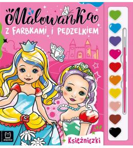 Malowanka z farbkami i pędzelkiem. Księżniczki