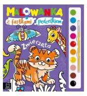 Malowanka z farbkami i pędzelkiem. Zwierzęta