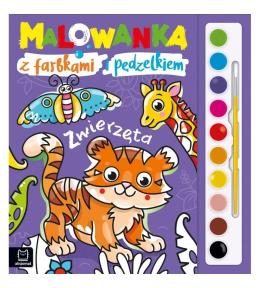 Malowanka z farbkami i pędzelkiem. Zwierzęta