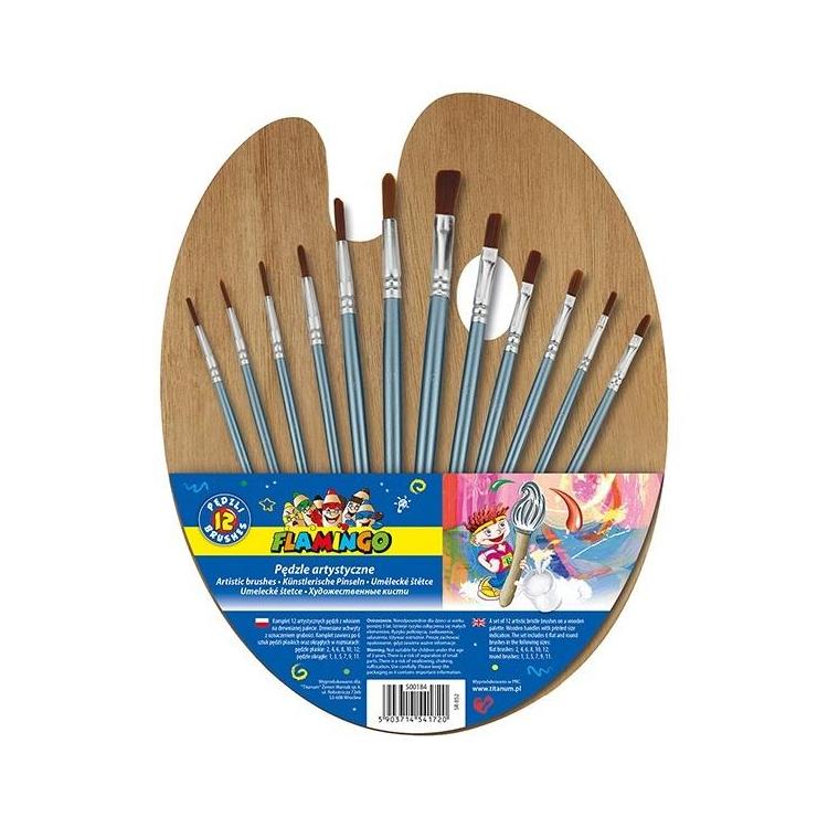 Zestaw 12 pędzli z drewnianym uchwyt + paletka