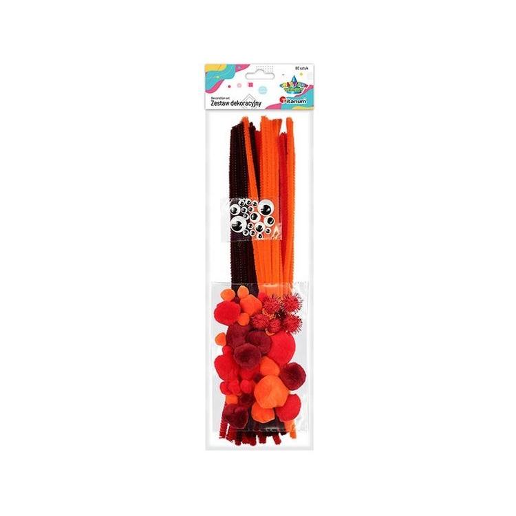 Zestaw druciki, pompony, oczka pomarńczowy 80szt