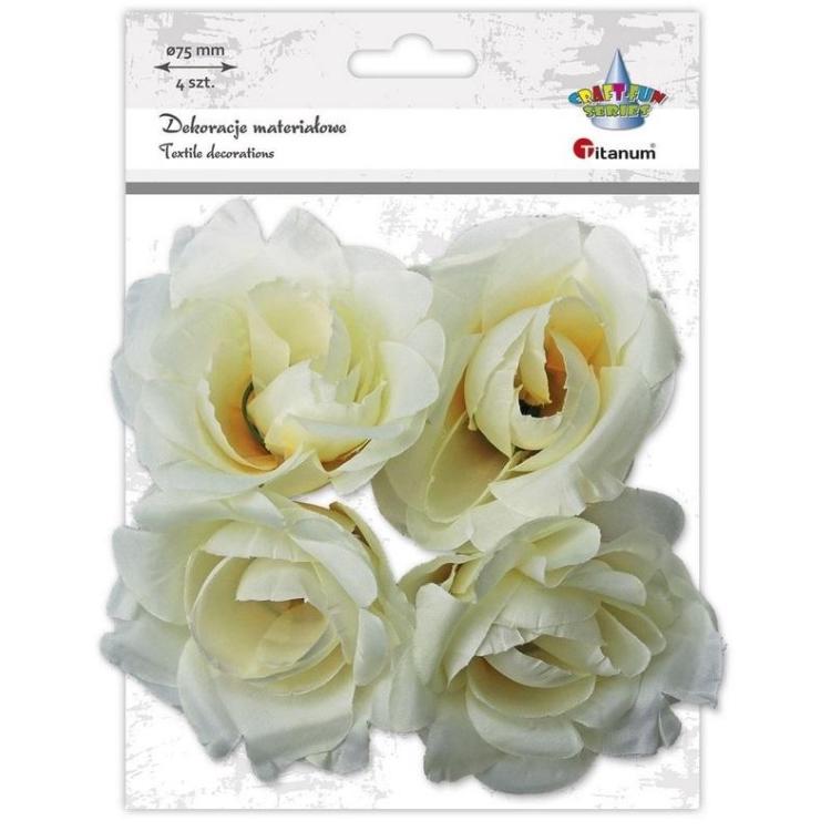 Materiałowe róże 3D 75mm białe na druciku 4szt