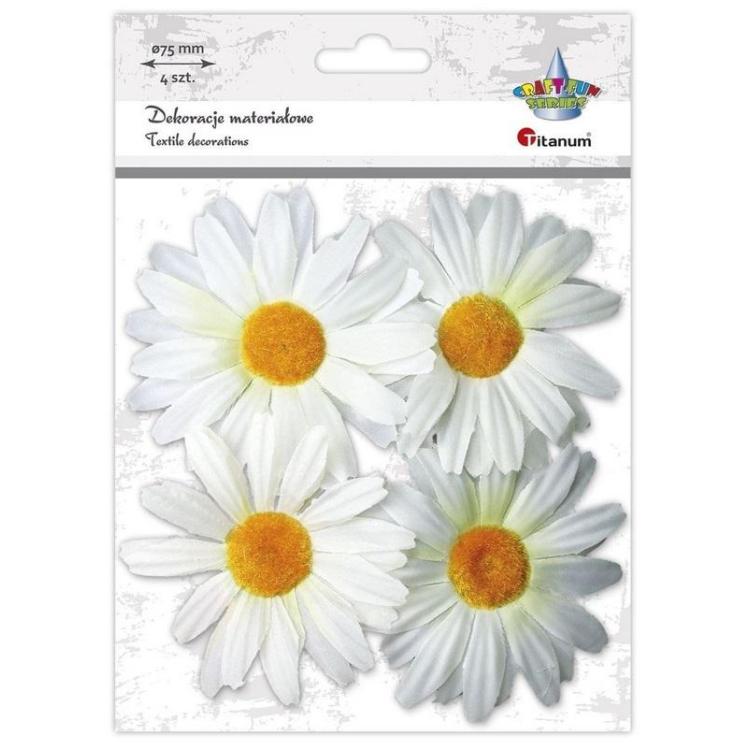 Materiałowe margerytki 3D 75mm białe 4szt