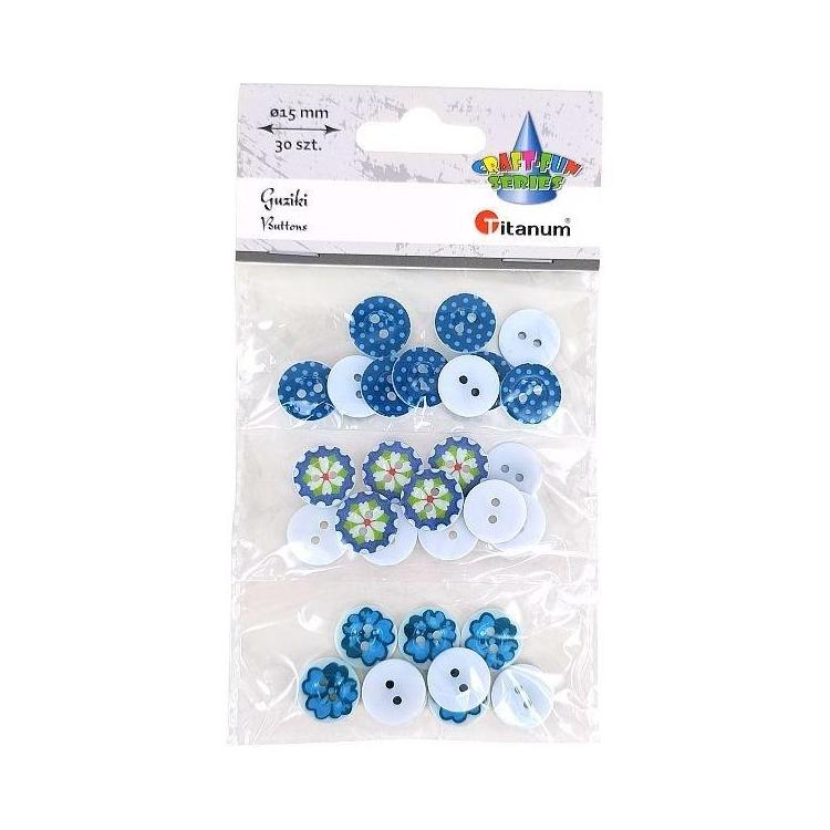 Guziki plastikowe okrągłe 15mm niebies mix 30szt