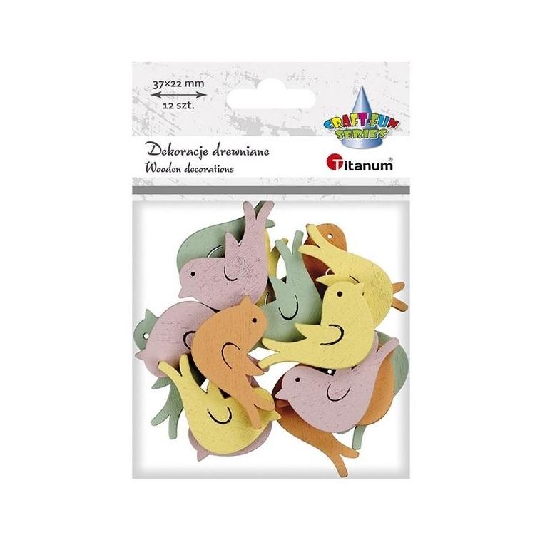 Drewniane ptaszki 37x22mm pastelowe 12szt