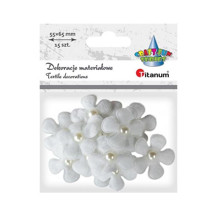Ozdoba materiałowa kwiaty 3D z perełką białe 15szt