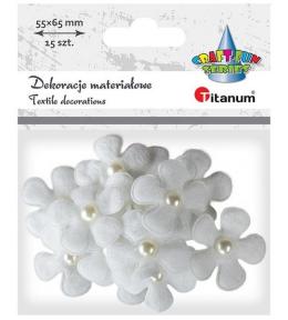Ozdoba materiałowa kwiaty 3D z perełką białe 15szt