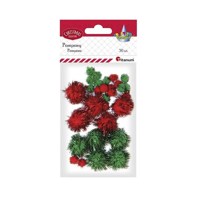 Pompony brokatowe czerwone, zielone 30szt