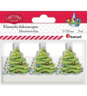 Klamerki drewniane z dekorem białe choinka 3szt