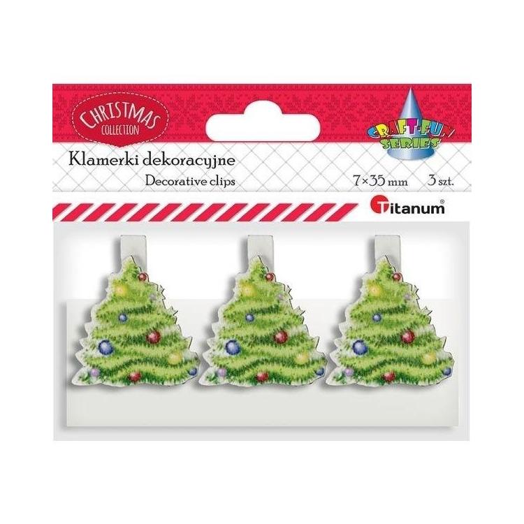 Klamerki drewniane z dekorem białe choinka 3szt
