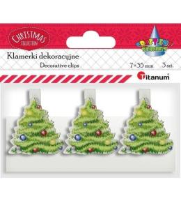 Klamerki drewniane z dekorem białe choinka 3szt