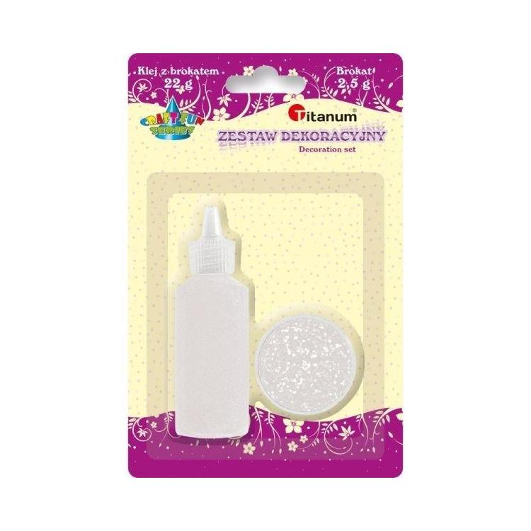 Zestaw klej z brokatem + brokat w słoiczku biały