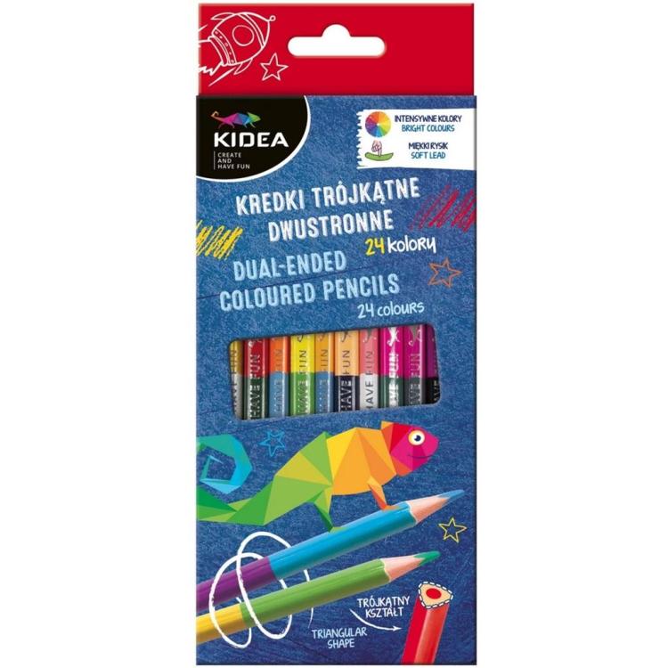Kredki trójkątne dwustronne 24 kolory KIDEA