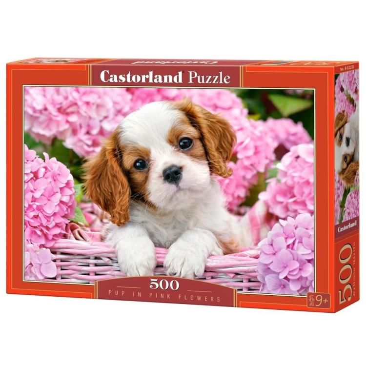Puzzle 500 Pup in Pink Flowers CASTOR