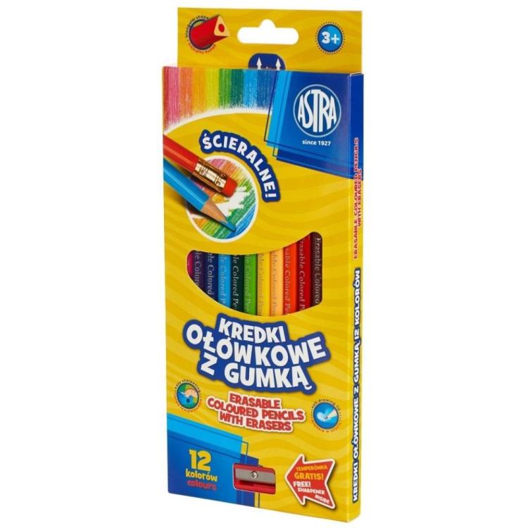 Kredki ołówkowe z gumką 12 kolorów ASTRA