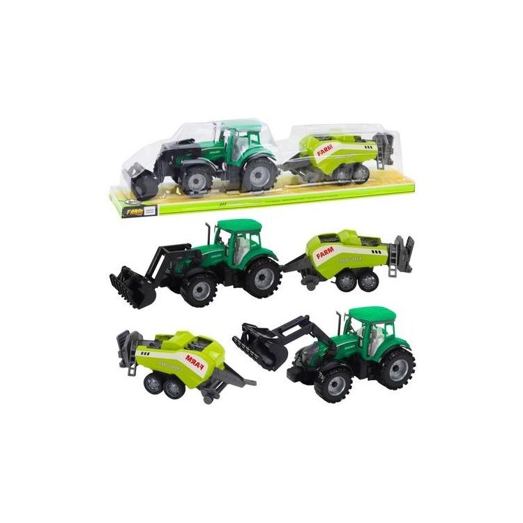 Traktor z ładowaczem i prasą rolniczą zielony