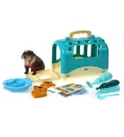 Piesek z klatką do przenoszenia z akcesoriami