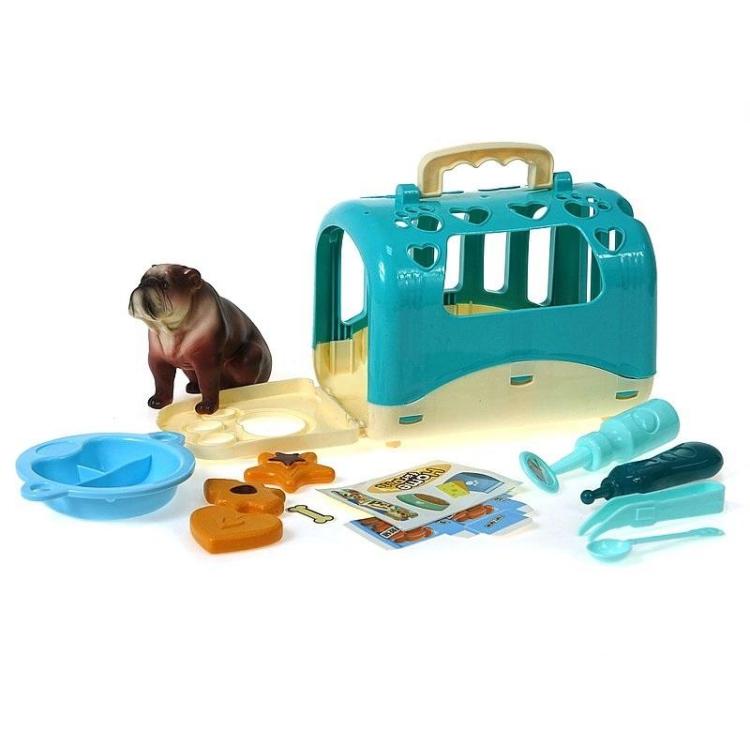 Piesek z klatką do przenoszenia z akcesoriami