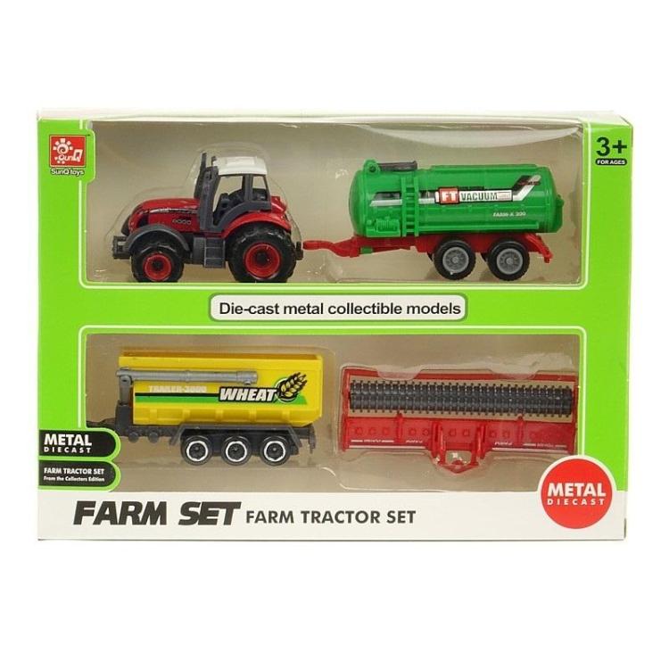 Traktor metalowy z 3 maszynami rolniczymi