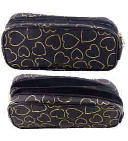 Piórnik dwukomorowy złote serca czarny