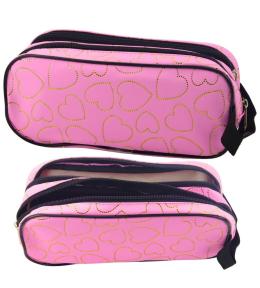 Piórnik dwukomorowy złote serca różowy