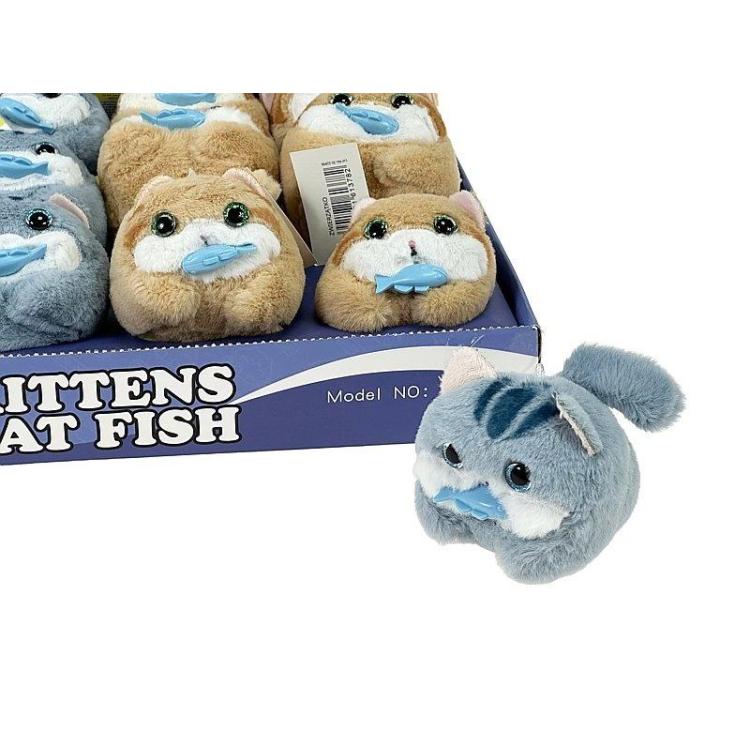 Kotek z rybą machający ogonem pluszowy 13cm MIX