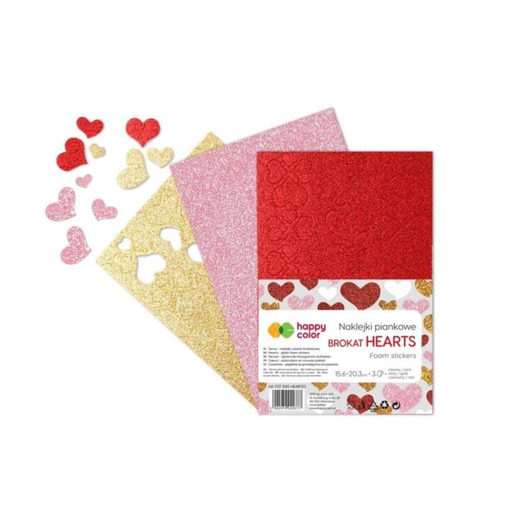 Naklejki Serca brokatowe A5 3szt mix HAPPY COLOR