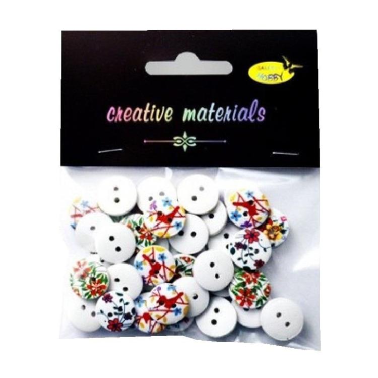 Guziki drewniane białe nadruk kwiaty 15mm 15g