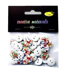 Guziki drewniane białe nadruk kwiaty 15mm 15g