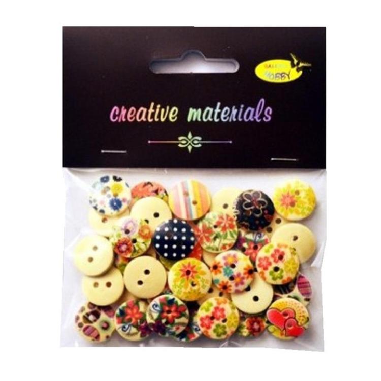 Guziki drewniane kremowe nadruk kwiaty 15mm 15g