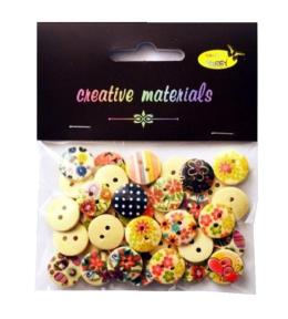 Guziki drewniane kremowe nadruk kwiaty 15mm 15g