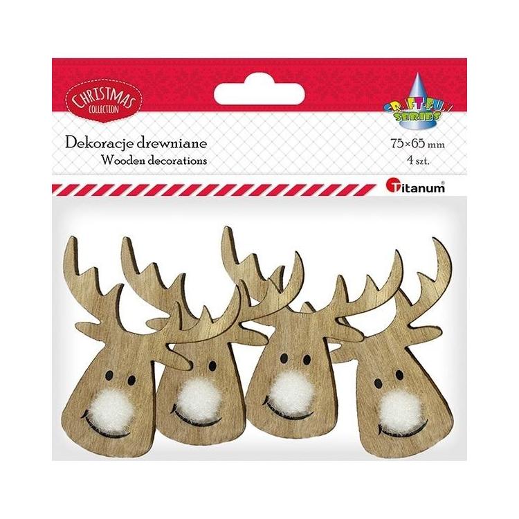 Drewniane głowy renifera z pomponowym nosem 4szt